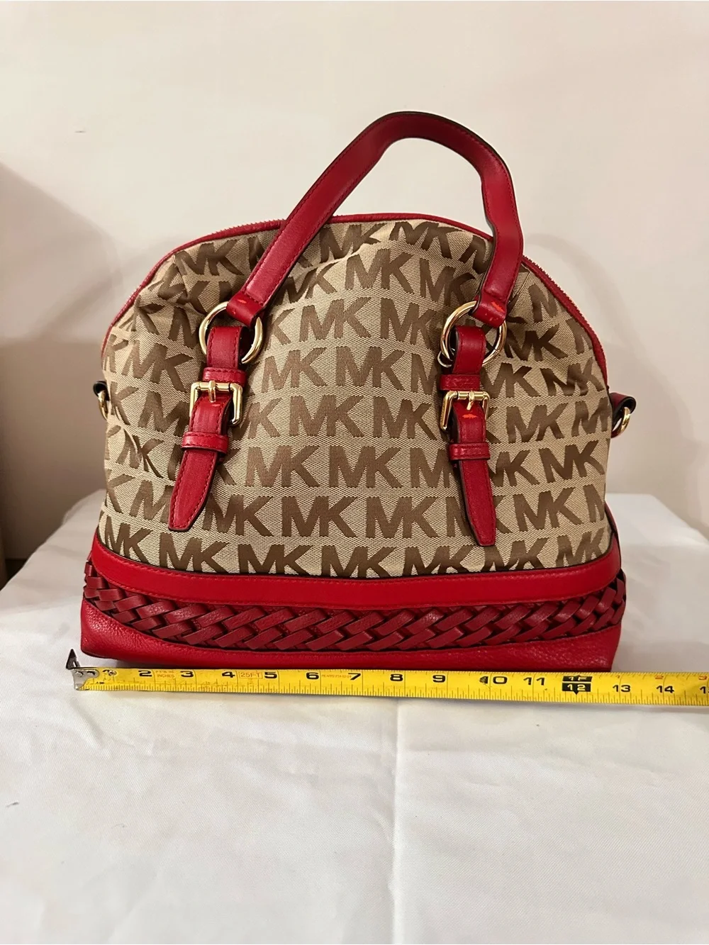 Michael Kors Beige MK Monogram Satchel with Red Trim